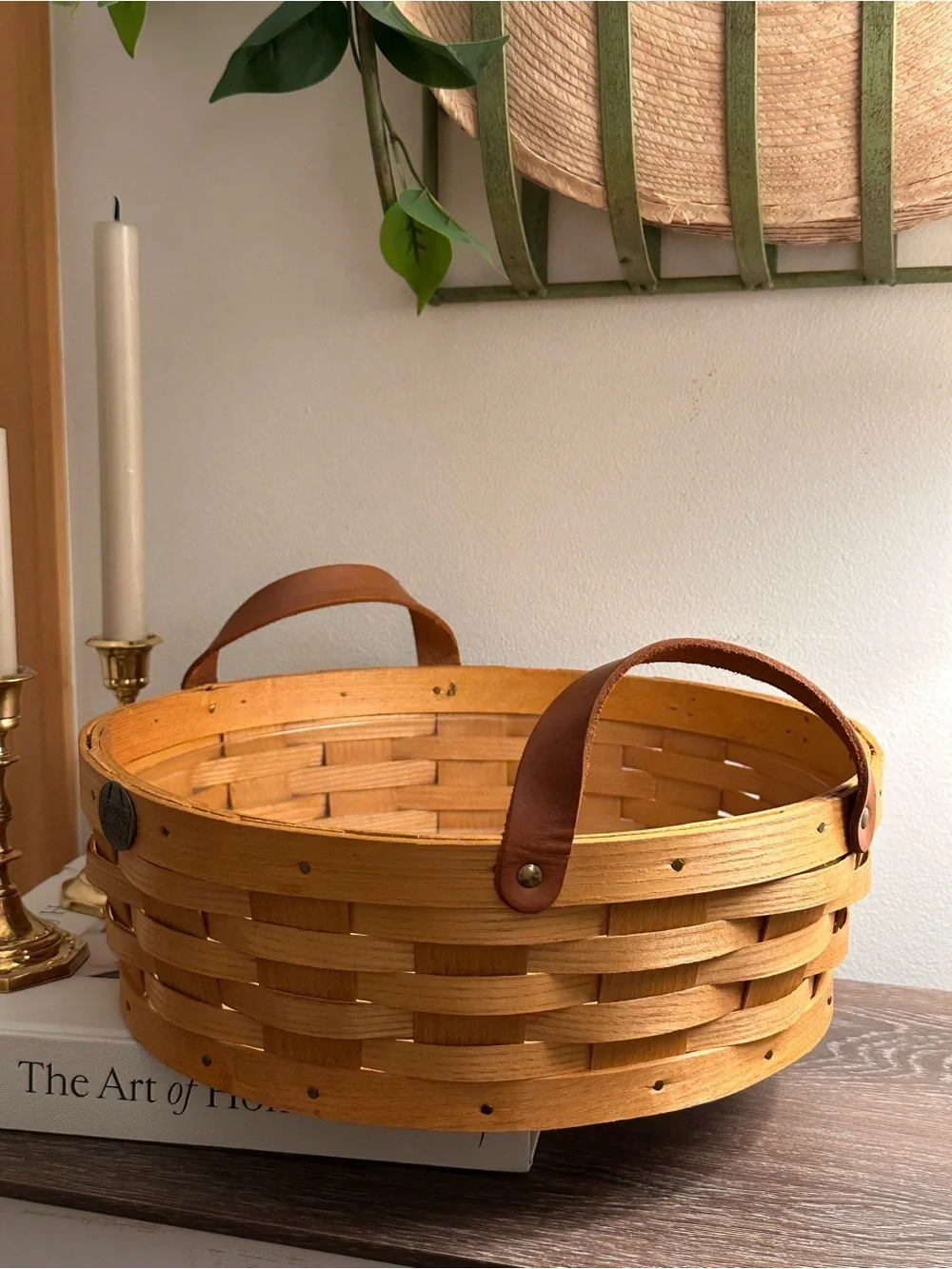 Vintage Peterboro Basket Co Round Woven Wood Basket Leather Handles USA
